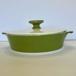 Corningware Olive Green and White Casserole Dish Vintage MCM 1 Quart